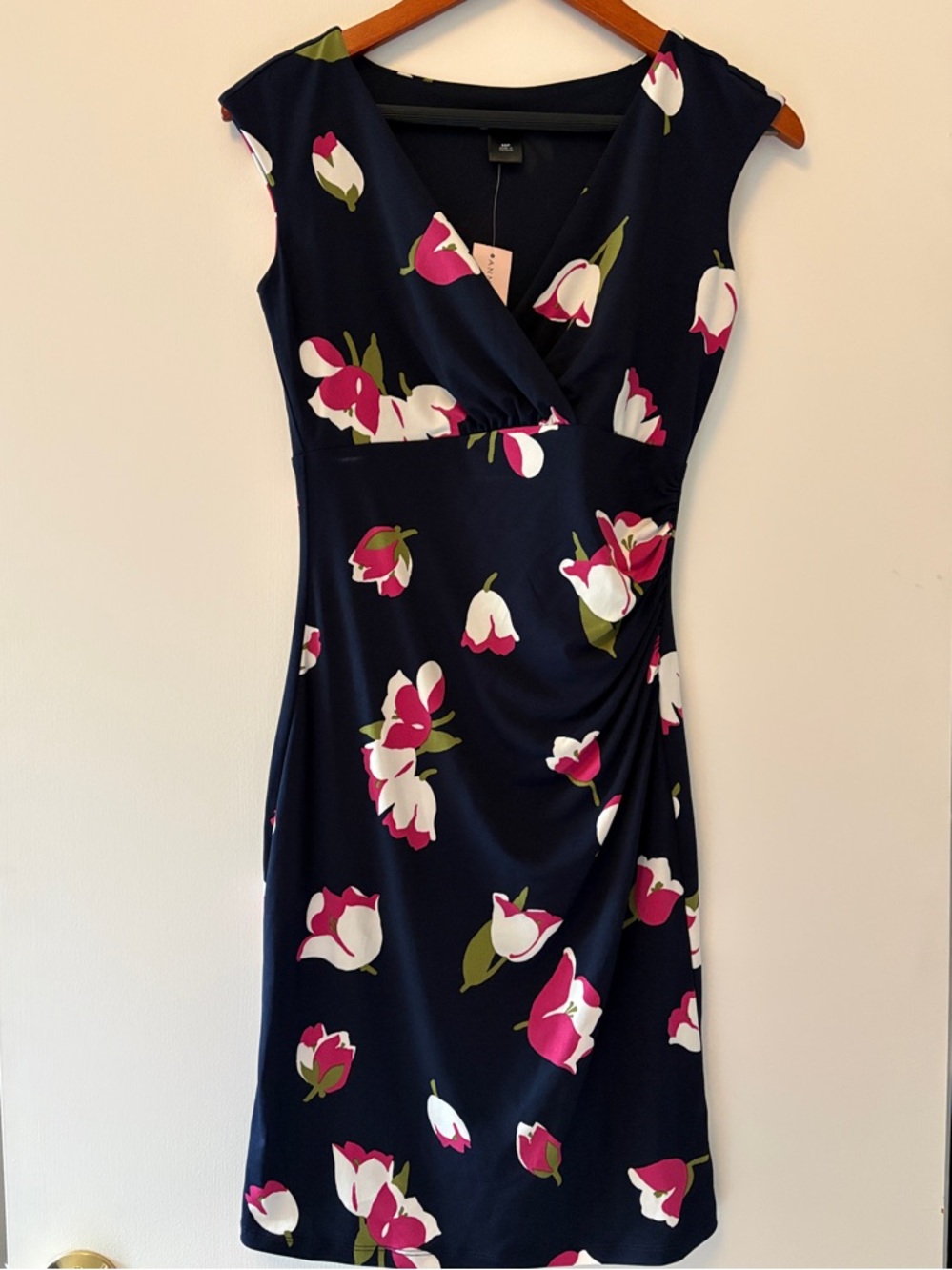 Ann Taylor Navy Floral Faux-Wrap Knee-length Dress with Pink & White Blooms